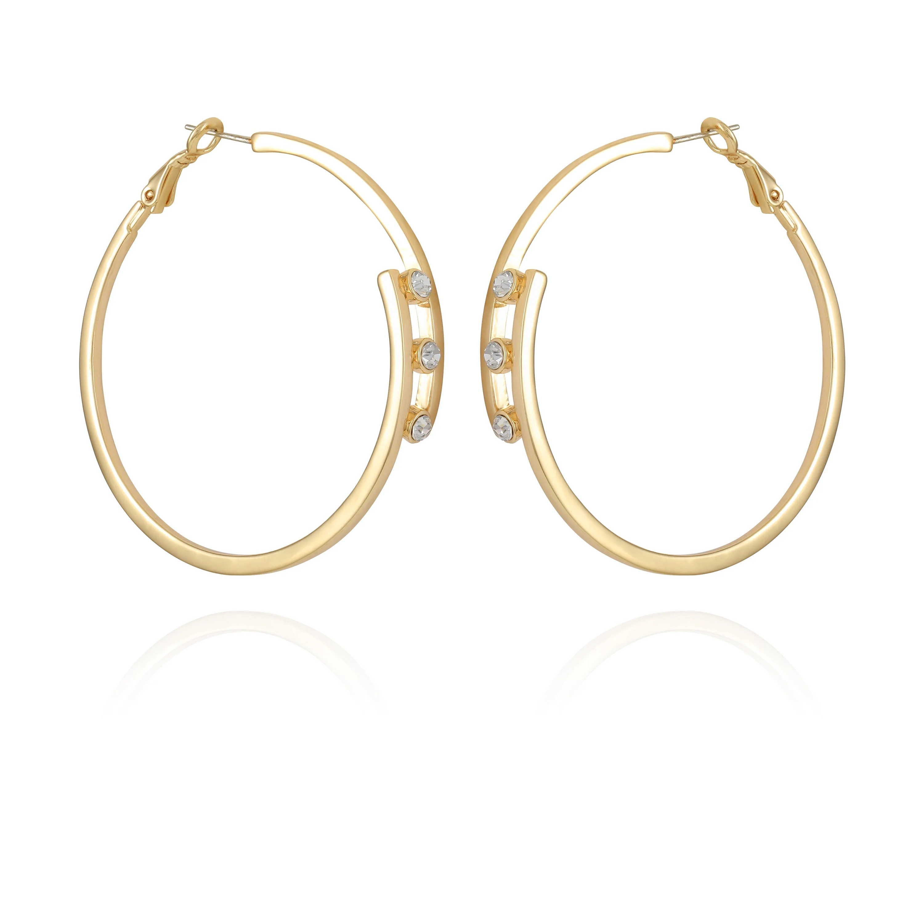 14K Goldtone Tri-Crystal Stone Hoop Earring