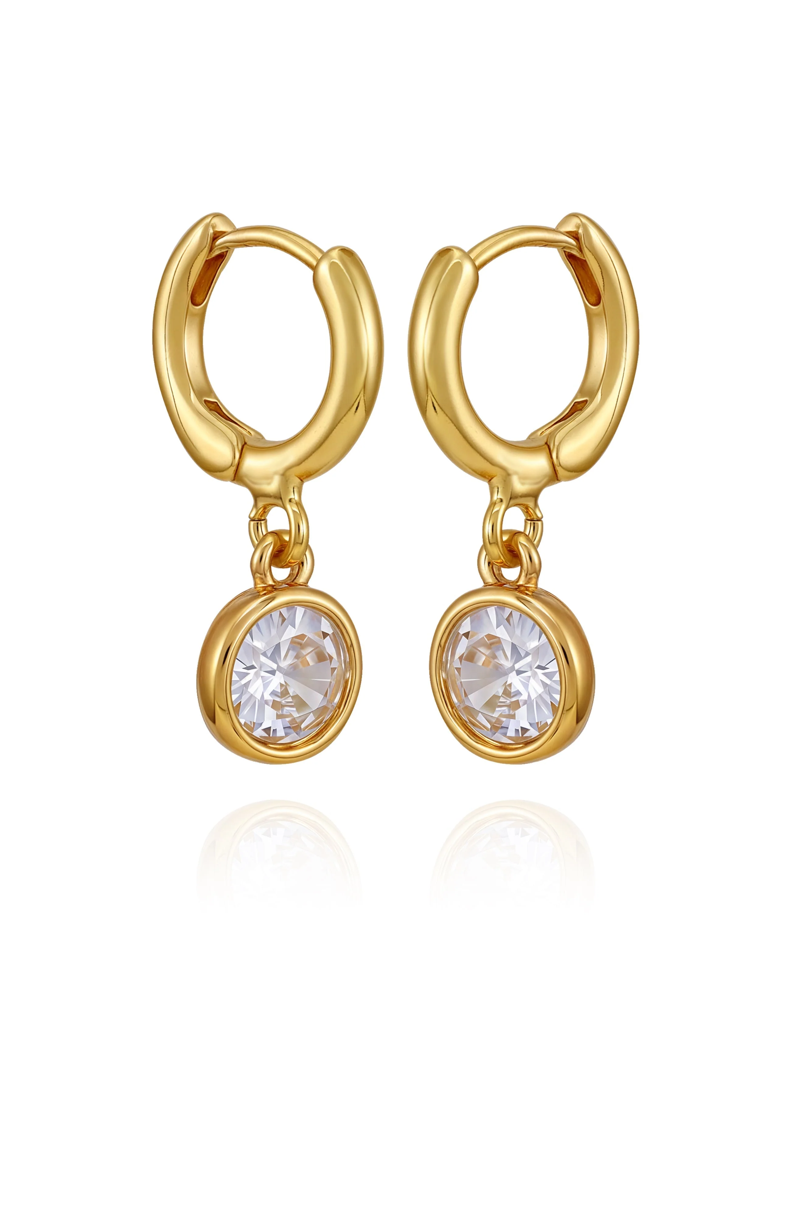 Gold Tone Cubic Zirconia Drop Huggie Hoop Earrings - Image 2