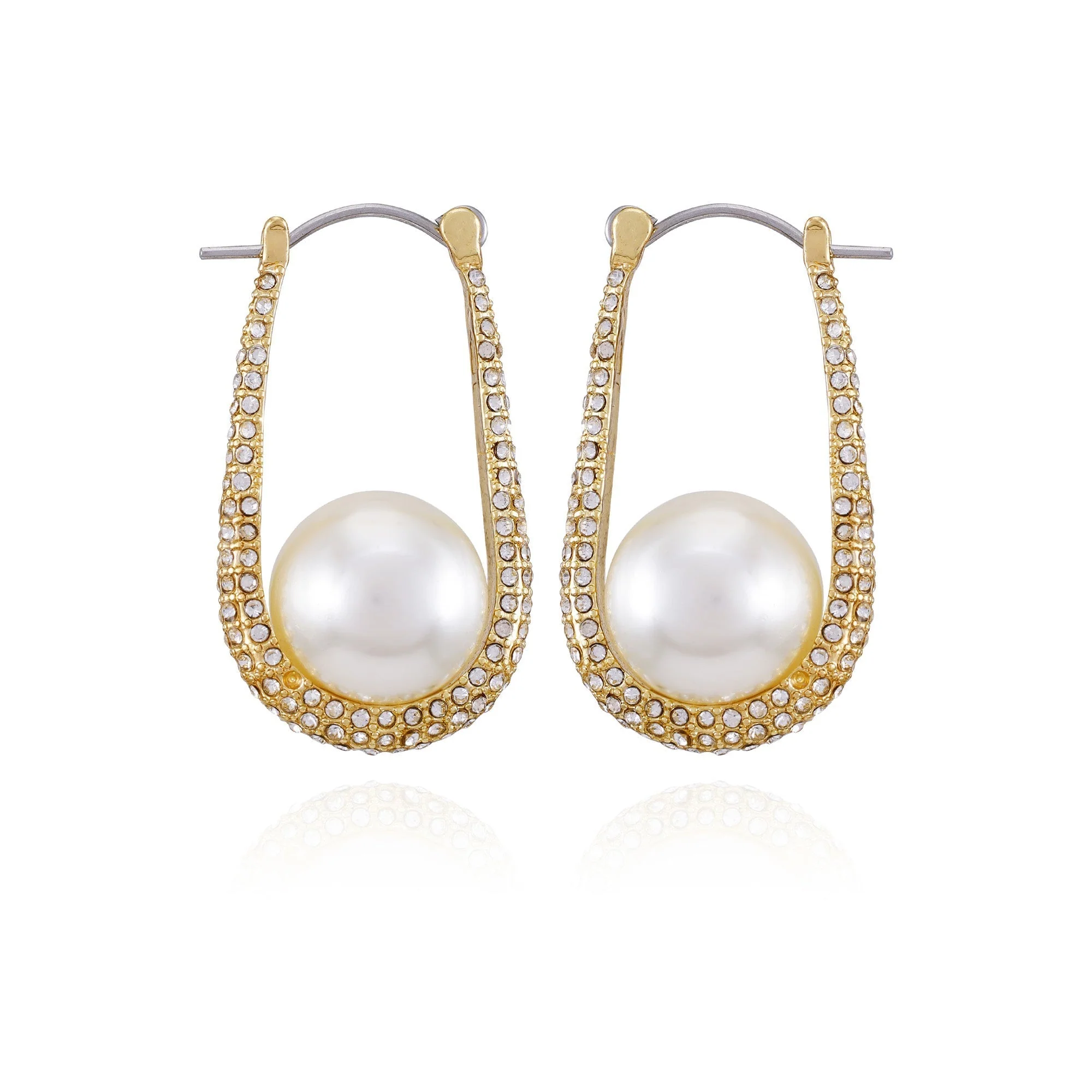 Goldtone Crystal Stone Pearl Hoop Earrings
