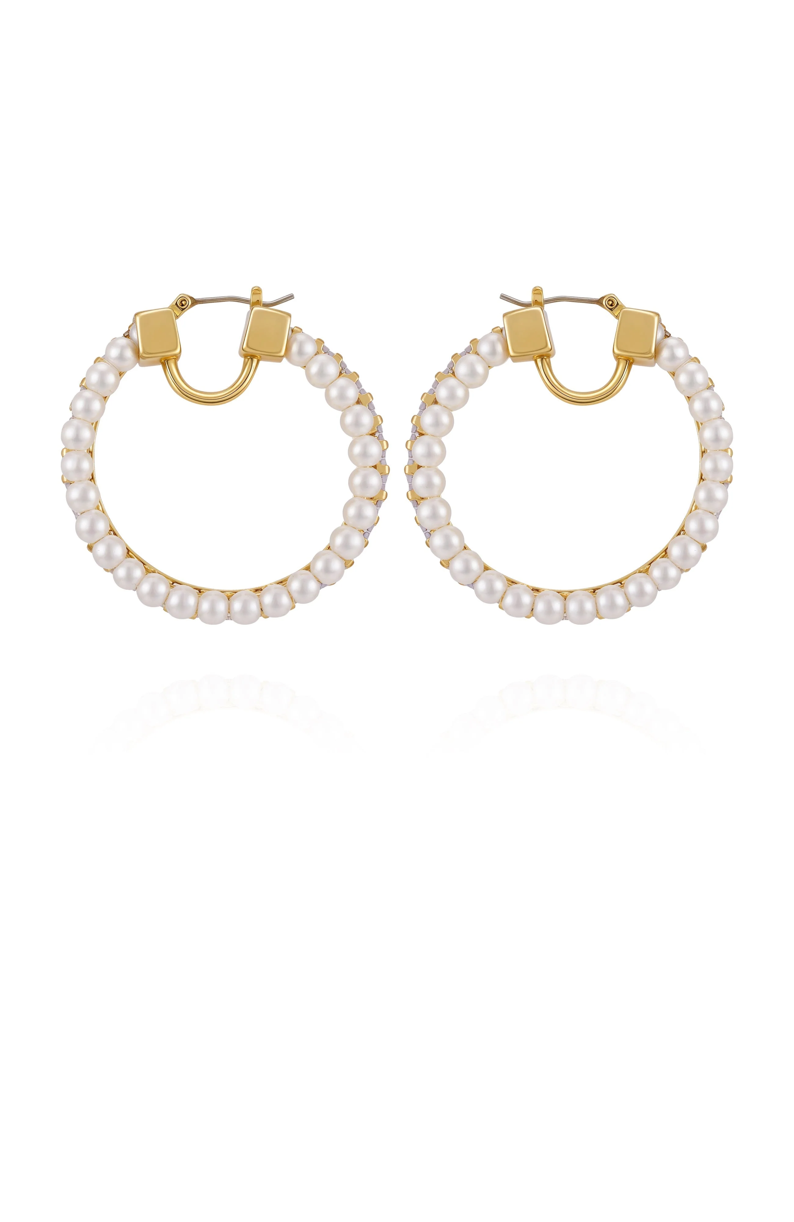 Goldtone Hoop Earrings With Pearls Baguette Crystals