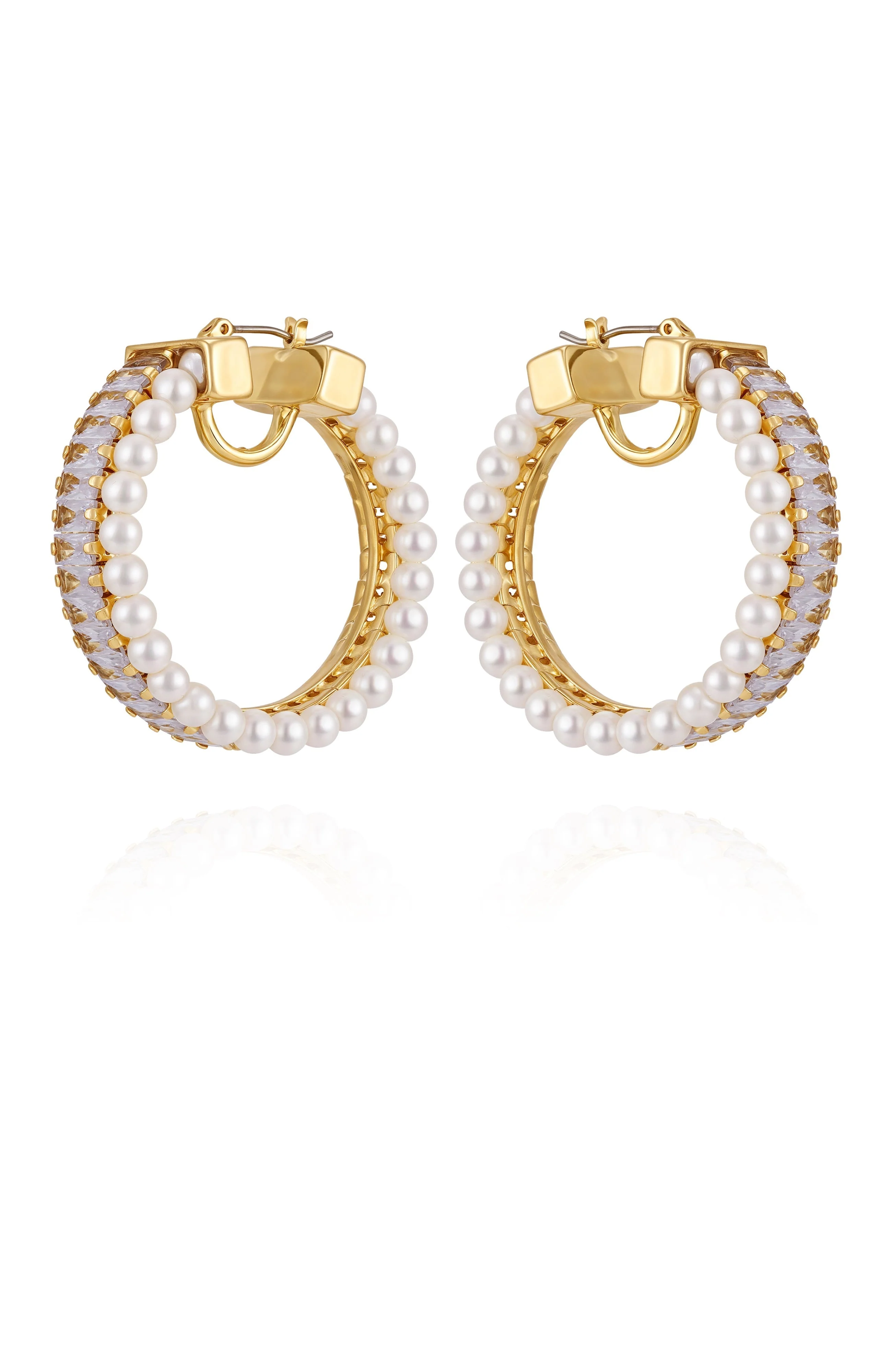 Goldtone Hoop Earrings With Pearls Baguette Crystals - Image 2