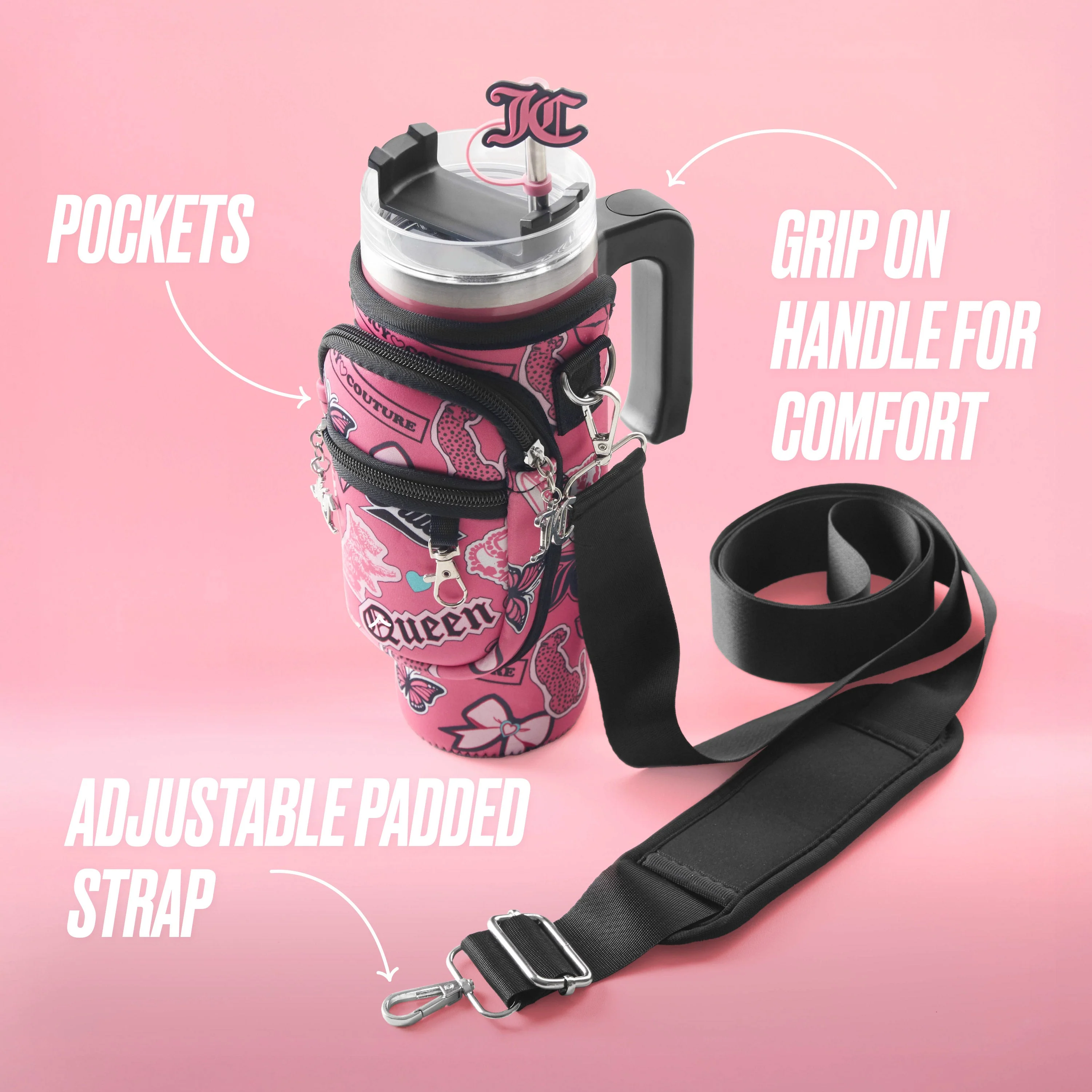 Jetsetter Hydration Stainless Steel Tumbler with Handle, Straw & Topper with Neoprene Crossbody Pouch - Image 3