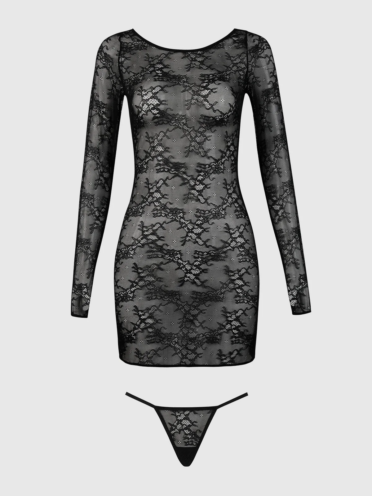 Pia Lace Long Sleeve Chemise Dress & G-String - Image 6