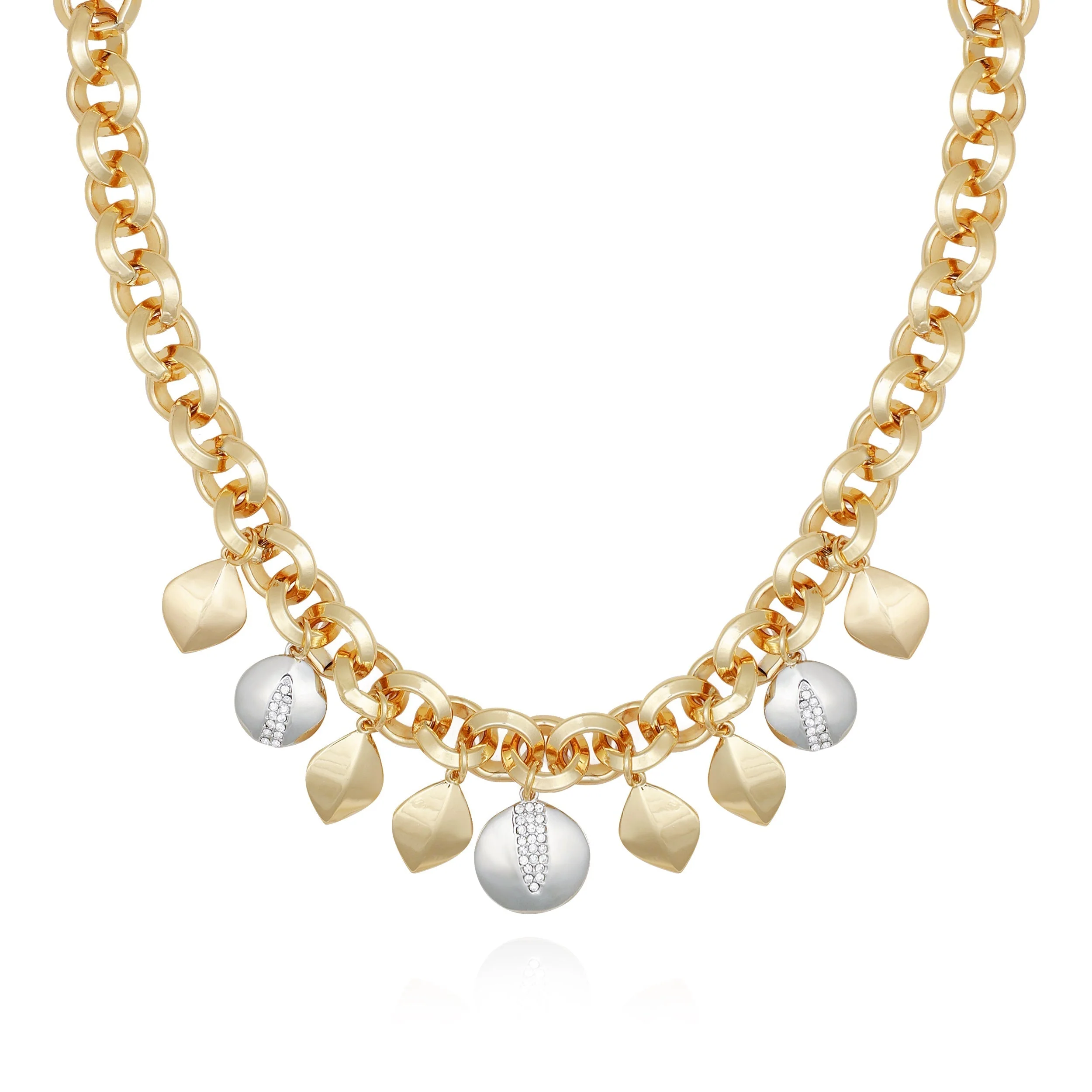 Two Tone Gilded Leaf Charm Statement Necklace
